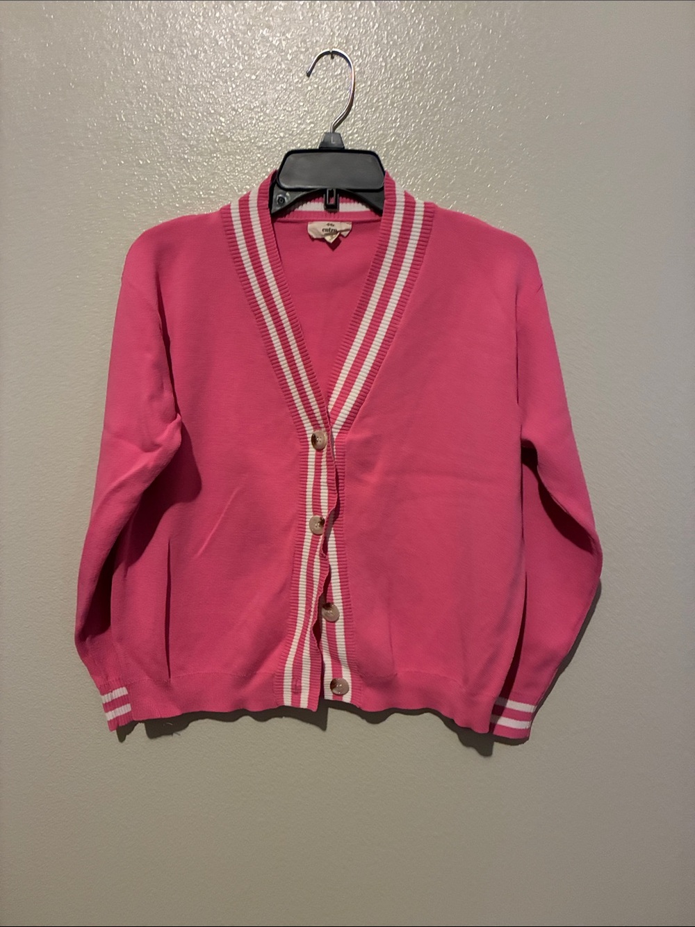 entro Pink V-Neck Button Front Cardigan with White Stripe Trim